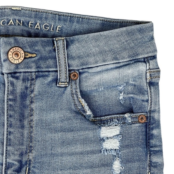 American Eagle Curvy Hi Rise Shortie 4 Distressed Cutoff Shorts Stretch Blue - Picture 3 of 11